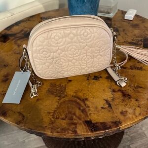 NEW Antonio Melani Larisa Camera Crossbody Bag Tassel 9x6x2.5 Parchment